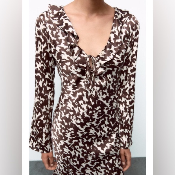 ZARA ~ Printed Satin Effect Midi Dress with Ruffles - Picture 8 of 12